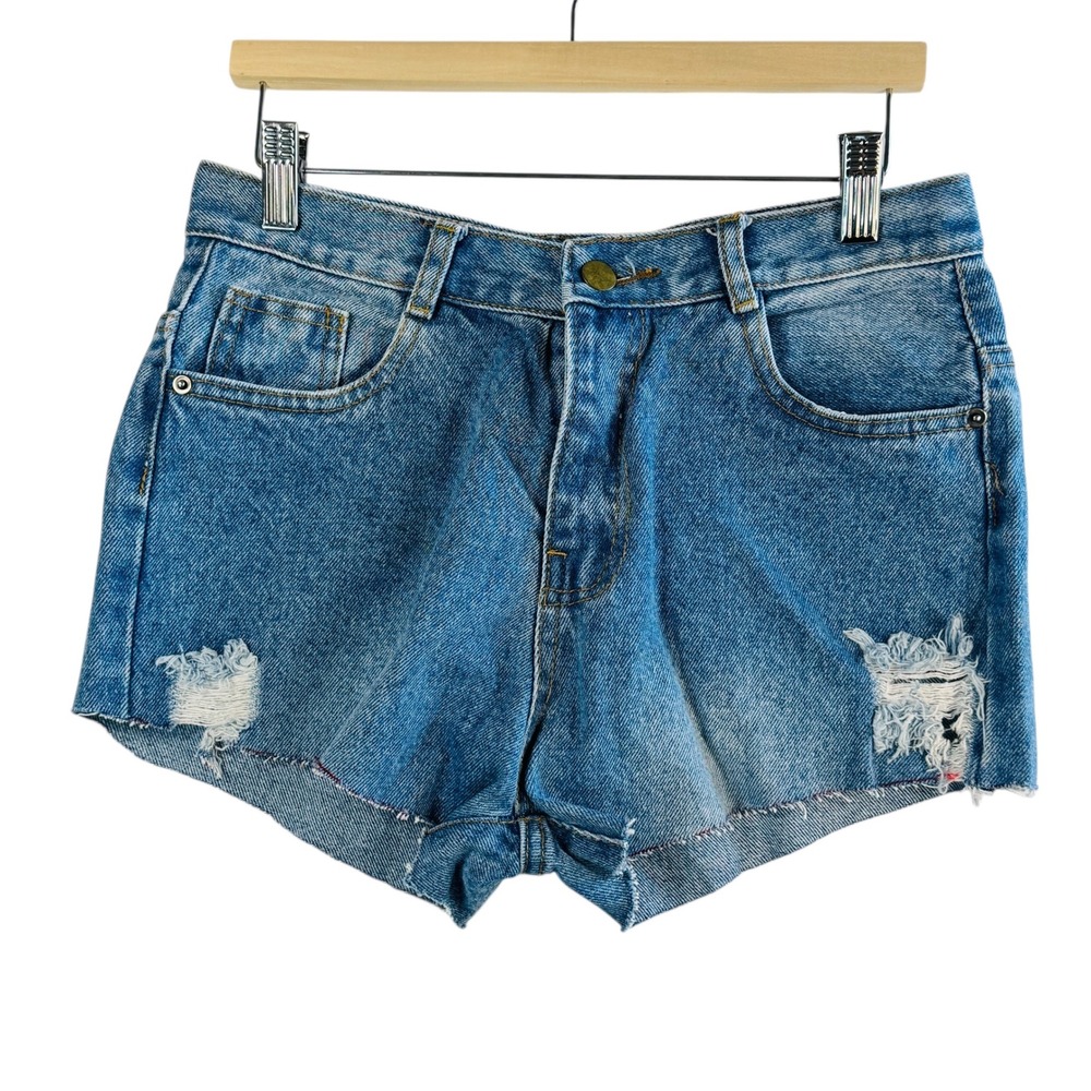 MCM High‎ Rise Distressed Cutoff Jean Shorts Sz 27 Vtg Y2K Grunge Boho Festival